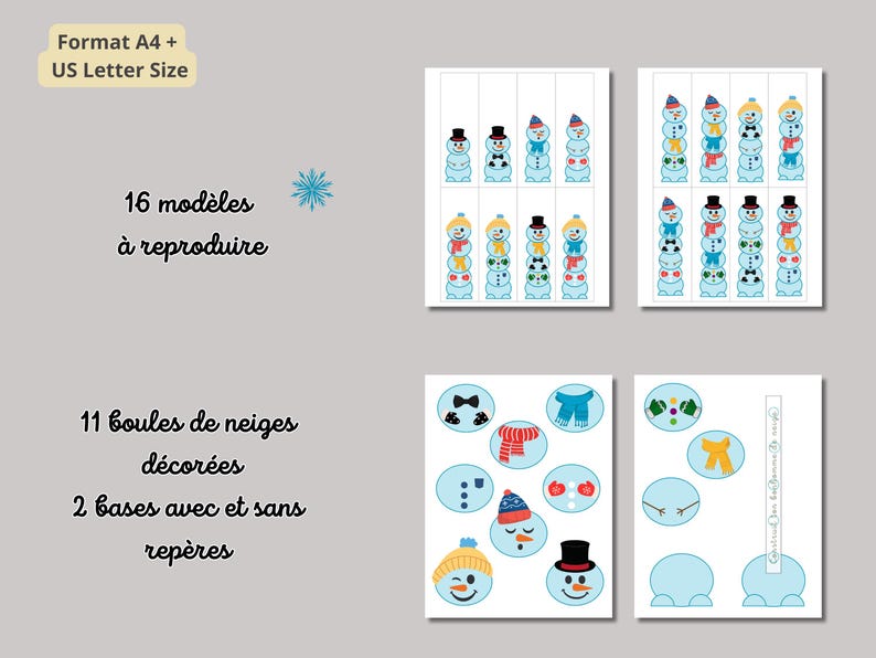 Op de afbeelding: Een set printbare educatieve materialen met sneeuwpopontwerpen. De afbeelding bevat voorbeelden van voltooide sneeuwpoppen, samen met individuele sneeuwpoponderdelen zoals hoeden en sjaals. Tekst bevat "Format A4 + US Letter Size" en "16 modellen om te reproduceren".