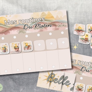 Peut inclure: Un tableau de routine matinale de style aquarelle avec le texte "Mes routines Du Matin" et des icônes illustrées. Le tableau présente une palette de couleurs neutres avec un design de paysage et comprend des autocollants assortis.