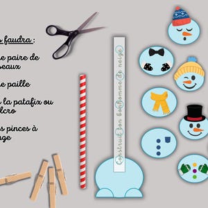 Op de afbeelding: Een afbeelding voor een knutselproject met de tekst "Il vous faudra: une paire de ciseaux, une paille, de la patafix ou velcro, des pinces &agrave; linge". Bevat een schaar, een rood-wit gestreepte rietje, wasknijpers en sneeuwman gezicht uitsparingen.