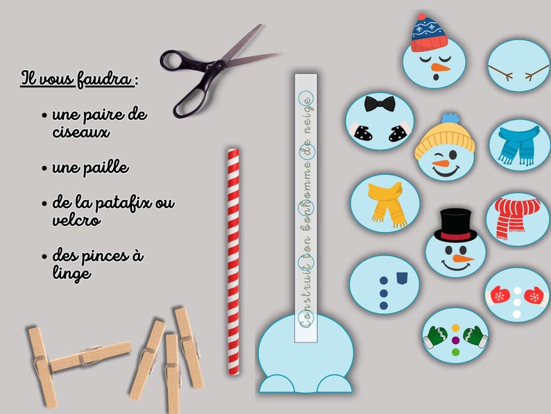 Op de afbeelding: Een afbeelding voor een knutselproject met de tekst "Il vous faudra: une paire de ciseaux, une paille, de la patafix ou velcro, des pinces &agrave; linge". Bevat een schaar, een rood-wit gestreepte rietje, wasknijpers en sneeuwman gezicht uitsparingen.