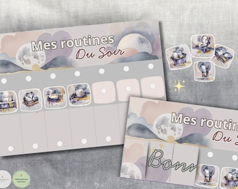 Evening routine printable chart for kids – Bedtime visual schedule, watercolor cards, calm night ritual and independence,