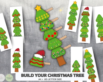 Bouw een kerstboom – Printbare PDF-activiteit | Fijne motoriek | Montessori-spelletjes | Leren voor kleuters | Knippen en spelen - Kleuteractiviteit