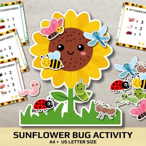 Peut inclure: Un ensemble d'activité tournesol avec un grand tournesol jaune au visage souriant, des découpes d'insectes incluant abeilles, coccinelles, papillons, libellules, vers et fourmis, et trois cartes de commande intitulées MY FLOWER ORDER avec des chiffres.