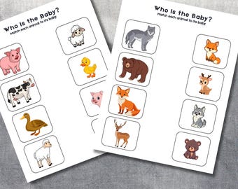 Juego de emparejar animales y bebés: actividad preescolar Montessori imprimible