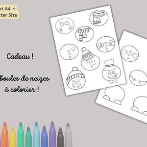 Op de afbeelding: Twee witte vellen papier met kleurplaten met sneeuwman-thema. De pagina's bevatten verschillende sneeuwmanonderdelen en accessoires. De tekst "Cadeau!" en "11 boules de neiges &agrave; colorier!" zijn zichtbaar. Onderaan staat een set kleurrijke stiften.
