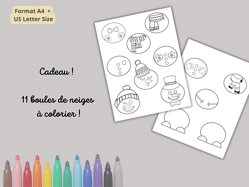 Op de afbeelding: Twee witte vellen papier met kleurplaten met sneeuwman-thema. De pagina's bevatten verschillende sneeuwmanonderdelen en accessoires. De tekst "Cadeau!" en "11 boules de neiges &agrave; colorier!" zijn zichtbaar. Onderaan staat een set kleurrijke stiften.