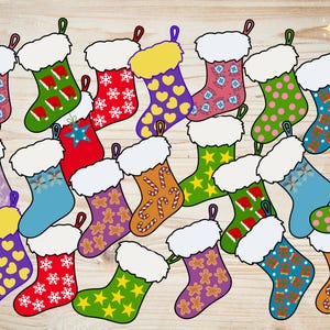 Peut inclure: Une collection de vingt et une chaussettes de Noël illustrées présentant divers motifs, notamment des flocons de neige, des sucres d'orge, des bonshommes en pain d'épice, des cœurs, des étoiles et des cadeaux. Chaque chaussette a un revers blanc.