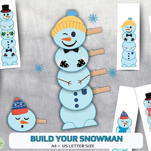 Op de afbeelding: Lichtblauwe sneeuwmanuitsparingen met accessoires zoals hoeden, sjaals en wanten. De afbeelding bevat de tekst "BUILD YOUR SNOWMAN" en is A4 + US LETTER SIZE.