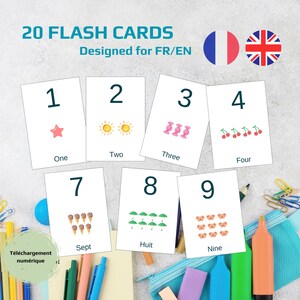 Cartes flash chiffres 1 à 20 bilingues FR/EN – Affiches éducatives enfants à imprimer – Nombres en lettres et chiffres avec illustrations
