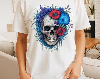 Floral Skull T-Shirt: Gothic Tattoo Style Tee for Men and Women