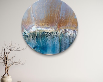 Abstract Ocean Fluid Art Painting: Blue Gold Coastal Decor (12" Round)