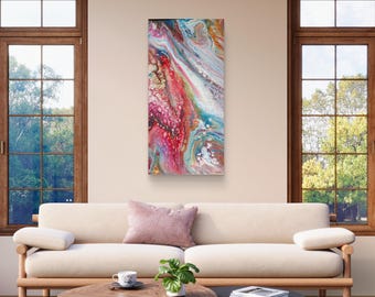 Original Fluid Art Acrylic Pour Painting: Rainbow Swirl, 12x24 Modern Canvas