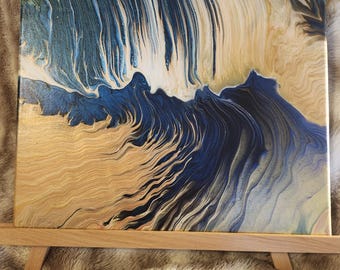 Navy & Gold Wave Painting: 8x10 Coastal Acrylic Pour Art