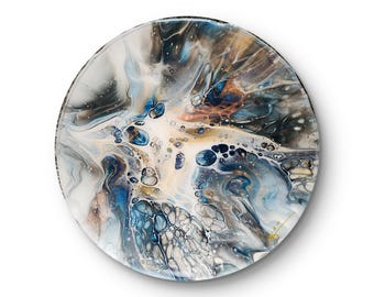 Resin Pour Painting - 12" Navy Teal Gold Abstract Wall Art