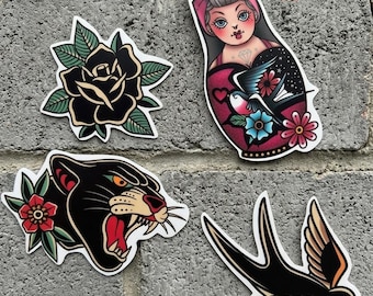 Traditional Tattoo Style Stickers – Gothic Panther, Rose, Swallow Set (4 Pack)