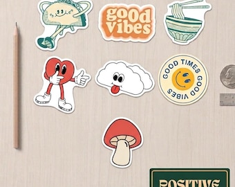 Groovy Retro Cartoon Sticker Pack – Positive Vibes for Laptops, Journals