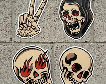 Traditional Tattoo Style Stickers – Gothic Skull Flame Set (4 Pack)