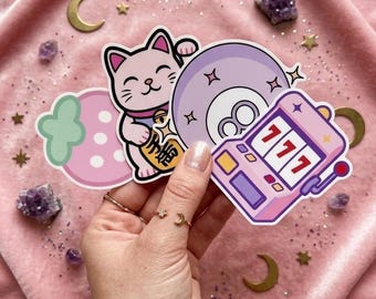 Lucky Girl Syndrome Stickers – Kawaii 8 Ball, Lucky Cat, Slot Machine (Matte/Glossy)