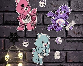 Gothic Care Bear Inspired Stickers (Pack of 3) – Tattoo Style Vinyl Art