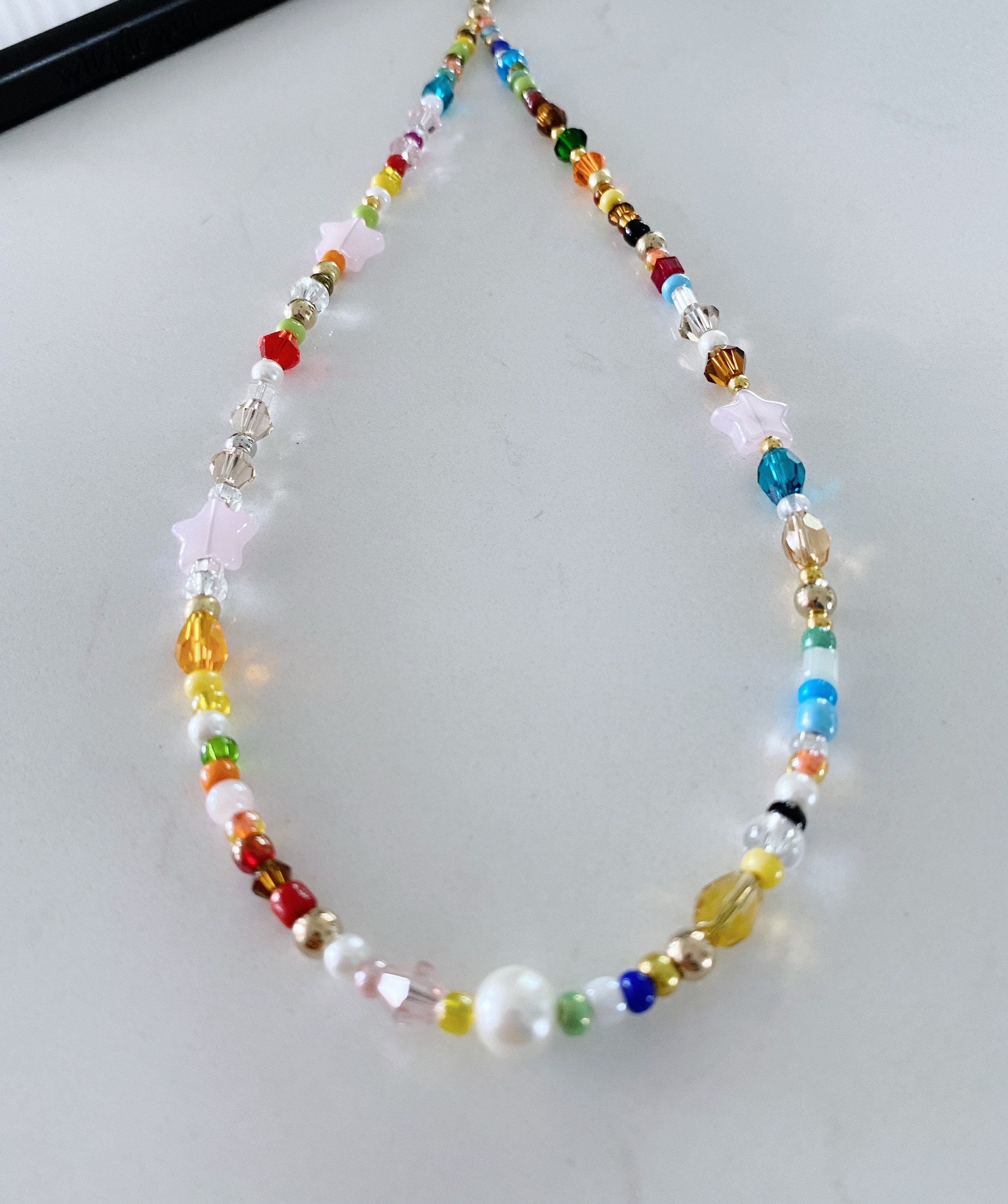 Phone/Purse Charm 90’s Bling! Beaded Phone Jewelry “3 pink star glass colorful beads” Birthday Gift / Teachers Appreciation Gift