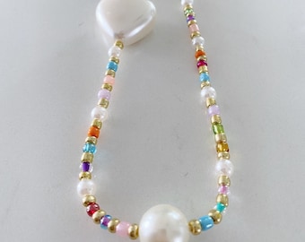 Personalized Beaded Phone Charm: Pearl Heart, 90s Bling