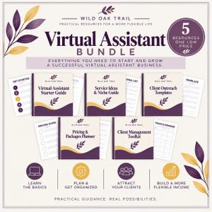 Könnte beinhalten: Ein Virtual Assistant Bundle mit fünf Ressourcen, darunter ein Starter-Guide, Service-Ideen, Vorlagen für Kundenakquise, Preisplaner und Management-Toolkit. Das Design ist in Violett und Gold mit Blattmotiven gehalten.