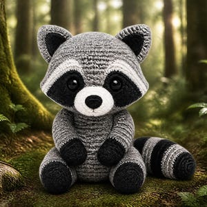 Puede incluir: Un peluche de mapache tejido a ganchillo con cuerpo gris y blanco, detalles negros y cola a rayas. El peluche está sentado en un entorno forestal con follaje verde y árboles al fondo.