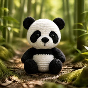 May include: A crocheted panda bear in black and white, with black eyes, ears, and limbs, and a white body. The panda is set against a backdrop of bamboo and a forest floor.