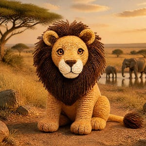 May include: A crocheted lion with a brown mane and tail sits in a savanna scene. The lion has a tan body and is surrounded by grass, rocks, trees, and other animals, including elephants and a giraffe.