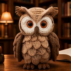 May include: A handcrafted, brown knitted owl figurine with large, expressive eyes and detailed feather-like textures. The owl is posed on a wooden surface, with a backdrop of bookshelves and a warm lamp, suggesting a cozy, literary theme.