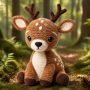 Peut inclure: Un cerf crocheté à la main, avec des détails marron et blancs, notamment des taches et des bois. Le cerf a de grands yeux sombres et est assis dans un cadre forestier.