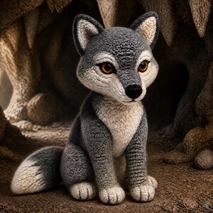May include: A plush, gray and white wolf cub with large, amber eyes sits in a cave setting. The handcrafted stuffed animal has a soft, textured appearance, with detailed stitching and a gentle expression. The background features a textured cave wall.