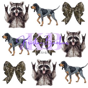 Può includere: Illustrazioni digitali con un procione con un gesto rock and roll, un cane segugio blu e fiocchi con stampa mimetica. Il procione è grigio e bianco e il cane ha macchie blu e nere.