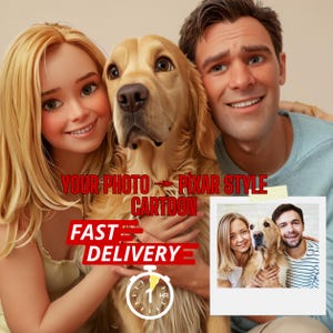 Custom Pixar Style Portrait from Photo  Fast Delivery 1 Hour 3D Cartoon Art for Family Couple, Pet Friends  Digital Pixar Illustration Gift