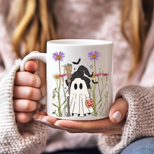 Cute Cottagecore Ghost Coffee Mug, Spooky Witchy Mugs for Ghost Lovers, Halloween Gift Cup, Fall Mugs, Wildflower Ghost Mug