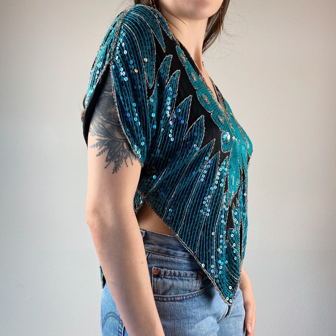Beautiful Silk Vintage Blue Beaded Sequined Butterfly Top // Etsy