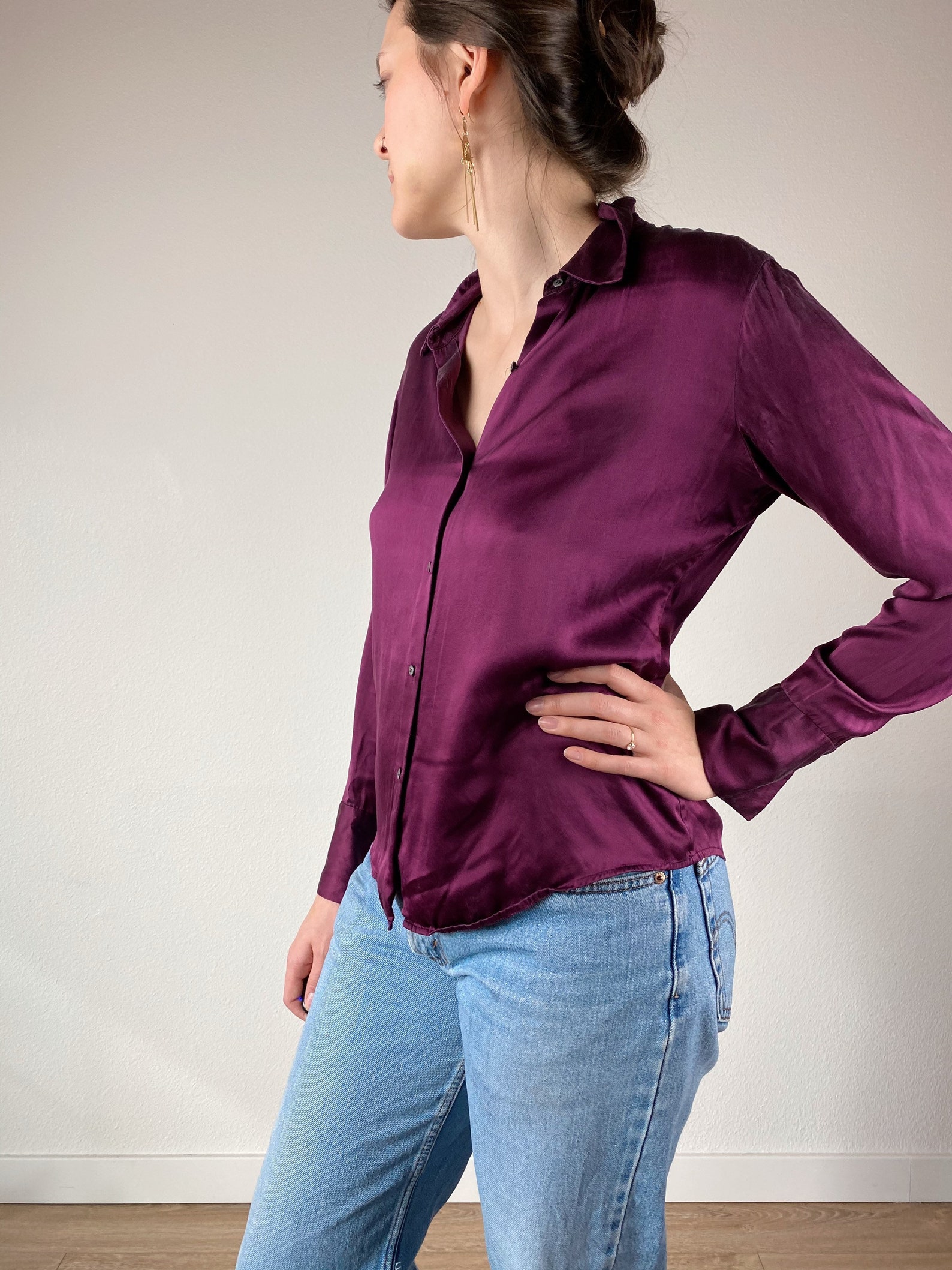 90s Silk Minimal Royal Purple Button Up Blouse // ALFANI // | Etsy