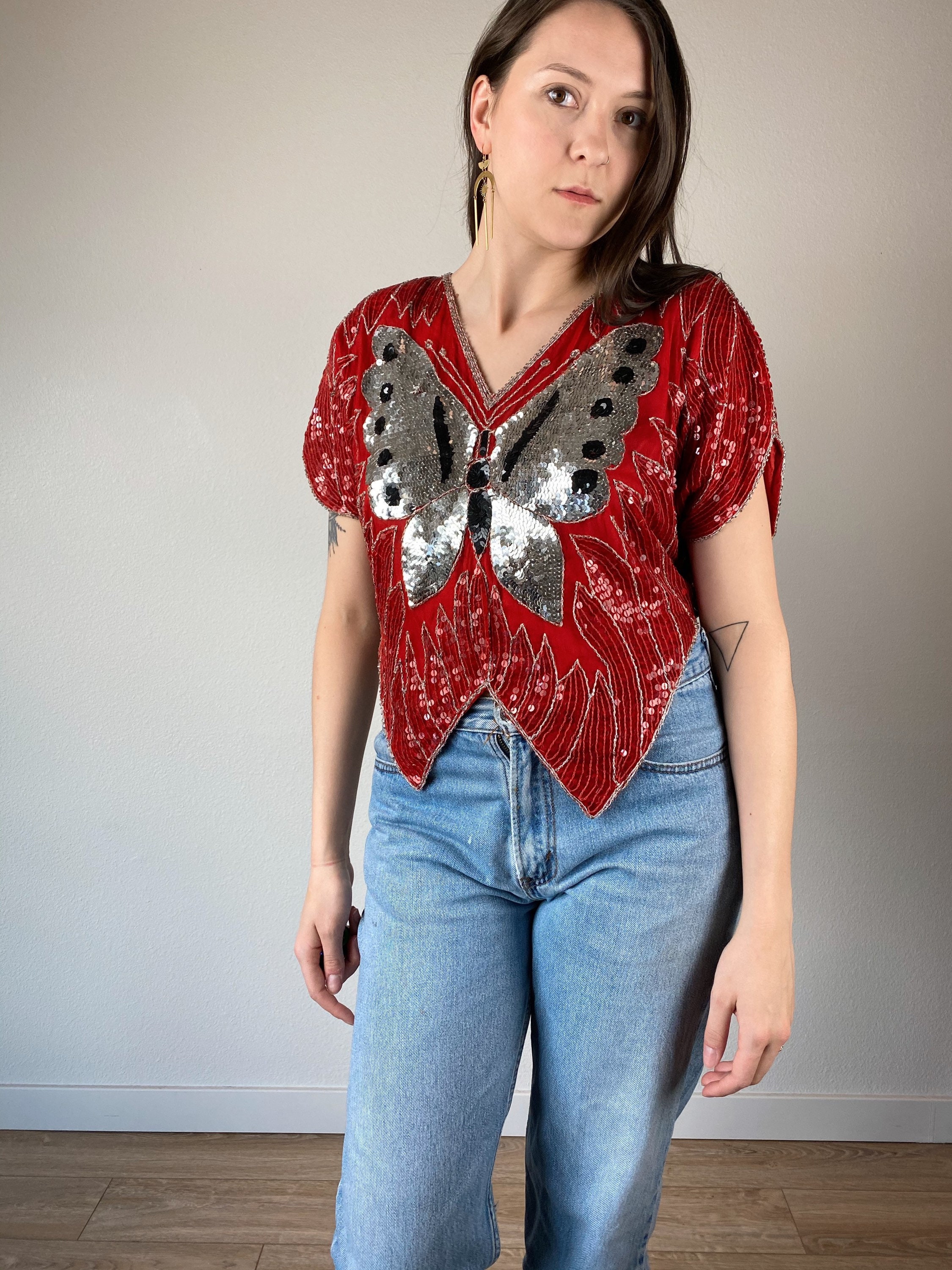 Stunning Silk Vintage Red Beaded Sequined Butterfly Top // Etsy
