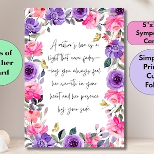 Carte de sympathie à imprimer pour la perte de sa mère - Fleurs roses et violettes avec papillons dorés - Carte commémorative avec enveloppe en prime - Couper et plier