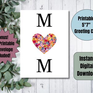 Cartão de felicitações para mães modernas – Letras de corações florais – Cartão digital minimalista para o Dia das Mães – Envelope para cartão imprimível para novas mães ou futuras mães