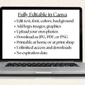 May include: A silver laptop displays a white screen with black text. The text reads "Fully Editable in Canva" followed by bullet points detailing editing options, image uploads, download formats, and print options. The laptop is on a light-colored surface.