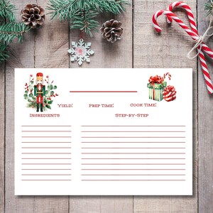 May include: A white recipe card with red lines and text, featuring a nutcracker illustration and Christmas-themed graphics. The card includes sections for ingredients, prep time, and step-by-step instructions, perfect for holiday recipes. Festive decorations surround the card.