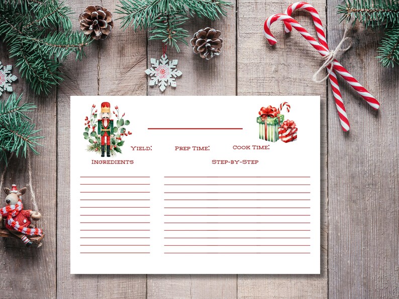 May include: A white recipe card with red lines and text, featuring a nutcracker illustration and Christmas-themed graphics. The card includes sections for ingredients, prep time, and step-by-step instructions, perfect for holiday recipes. Festive decorations surround the card.