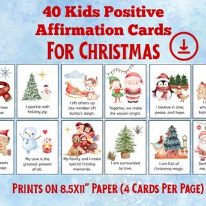 Może przedstawiać: Arkusz 40 kart z pozytywnymi afirmacjami dla dzieci na Boże Narodzenie. Każda karta zawiera akwarelową ilustrację z pozytywnymi przesłaniami. Karty są przeznaczone do druku na papierze A4 (21 x 29,7 cm).