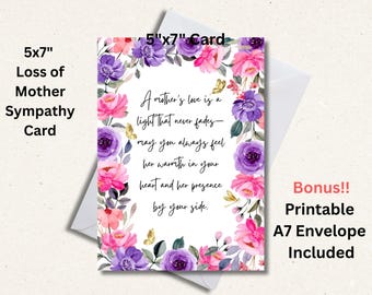 Sympathy Card for Loss of Mother Pink & Purple Flowers Gold Butterflies Memorial Card Mom Coldolence Greeting Bonus Envelope Cut and Fold