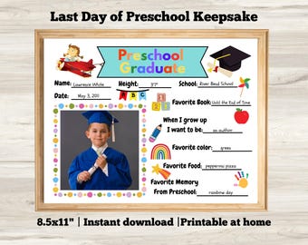Preschool Graduation Keepsake Printable Pre K Graduation Photo Sign End of Year Preschool Memory Page Kids Graduation Printable