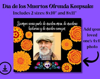 Recuerdo de Ofrenda Día de Muertos Printable con Calavera y Cempasúchil Espacio para Foto Decoración de Altar 8x10 & 8.5x11