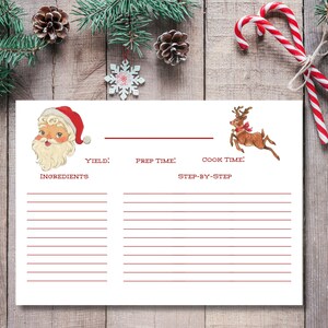 May include: A Christmas-themed recipe card with Santa Claus and reindeer illustrations. The card includes sections for ingredients, prep time, and step-by-step instructions. Festive decorations like pine boughs, snowflakes, and candy canes surround the card.