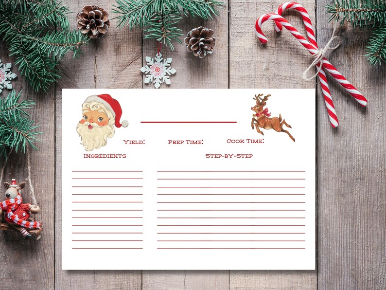 May include: A Christmas-themed recipe card with Santa Claus and reindeer illustrations. The card includes sections for ingredients, prep time, and step-by-step instructions. Festive decorations like pine boughs, snowflakes, and candy canes surround the card.