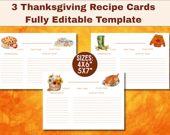 May include: Three Thanksgiving recipe cards with watercolor illustrations of a pie, boots, a sweater, and a roasted turkey. The cards are white with brown lines for writing and include the text "Yield," "Prep Time," and "Cook Time." The sizes are 4x6 inches and 5x7 inches.